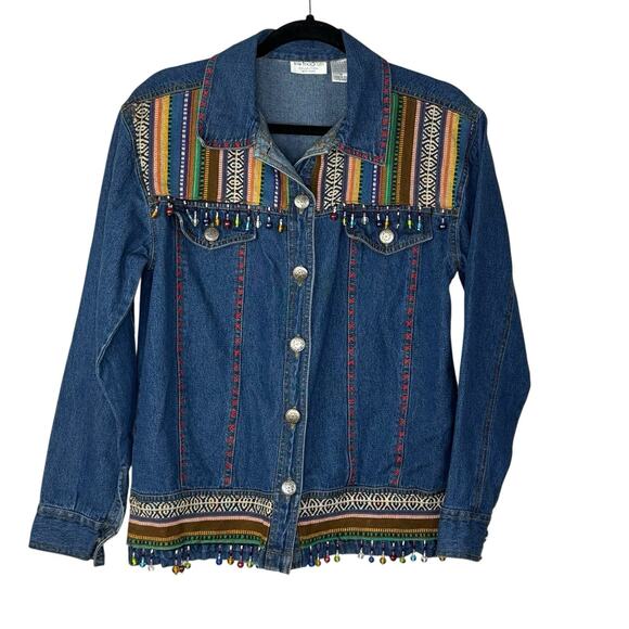 Vtg Lew Magram Denim Jacket Beaded Fringe South Western Boho Colorful Sz M - Picture 1 of 8